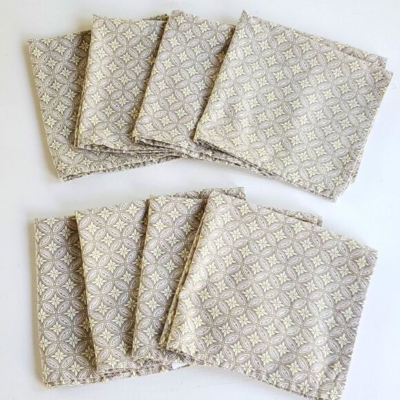 SET OF EIGHT COTTON CLOTH NAPKINS CIRCLE GEOMETRIC BEIGE GRAY YELLOW TAUPE - Picture 1 of 6